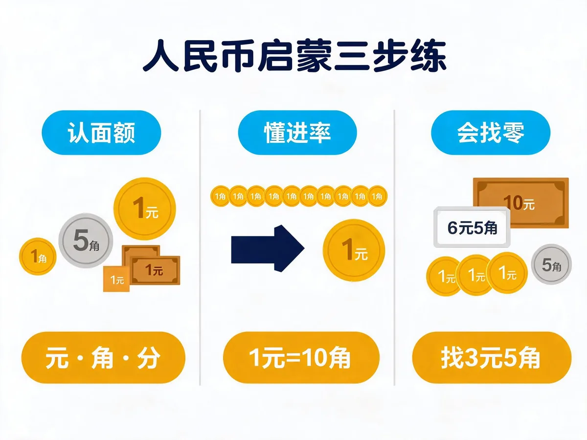 孩子不会算钱找零总出错?一年级认识人民币的3道坎 - 配图